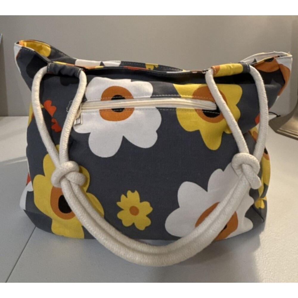 Farmhouse Is My Style Retro Gray Floral Tote Bag Medium Rope Handle Zipper Close
